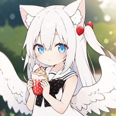 <lora:super-jiamiaoersanshi-v1:0.6>,nekokeke, solo, feathered wings, crepe, food, sleeveless, wings, blue eyes, holding, holding food, white wings, long hair, two side up, bangs, blush, closed mouth, bow, sleeveless dress, white dress, hair between eyes, polka dot, dress, bare shoulders, sailor collar, animal ears, strawberry, looking at viewer, animal ear fluff, white hair, depth of field, very long hair, hair ornament, fruit, black bow, outdoors, sailor dress, blurry, upper body