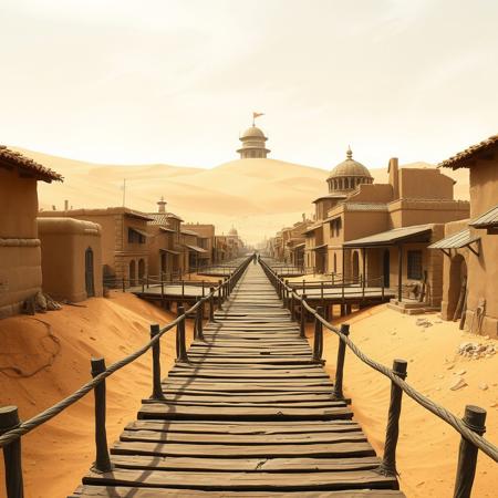A liminal space in Sunagakure, the Hidden Sand Village, exactly as seen in Naruto. Endless dunes stretch beyond the village walls, their golden grains shifting subtly in the dry wind. The clay and sandstone buildings, shaped by time and erosion, stand tall against the arid landscape. The Kazekage’s dome-shaped tower rises in the distance, its curved architecture blending seamlessly with the desert environment.
The village is completely empty—no shinobi, no traders, no sound except for the occasional gust of wind stirring the sand. The wooden walkways and bridges remain untouched, their planks sun-bleached and weathered. The heat distorts the horizon, making the streets feel strangely endless, as if the village could stretch on forever. Sunagakure feels suspended in time, a place of stillness and solitude, waiting beneath the relentless sun.