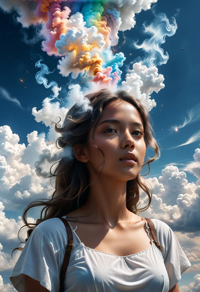 "Epic Scenic ethereal magical heavenly smoke and clouds with a smoke and clouds made of holy Smoke and clouds, godly girl shape of cloud, hyperrealistic, very detailed, shape of an ethereal smoke and cloud, scenic heavenly view, Hyperrealistic, splash art, concept art, mid shot, intricately detailed, color depth, dramatic, 2/3 face angle, side light, colorful background"