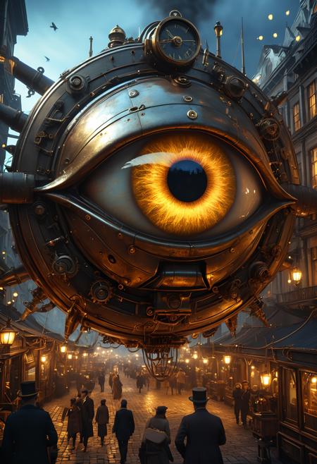 A impressionistic 200mm face-focus shot of Large Demon Eye, with high detailed and beautiful eyes, in a 3d_render style, set in A steampunk city filled with airships and clockwork machines, a dynamic jumping pose and an screaming expression. The scene is illuminated by warm firelight ambiance, enhancing the dynamic atmosphere. tiny fireflies flickering in the distance. Every pixel radiates perfection, delivering stunning textures, lifelike precision, and 8K brilliance. Crafted with unparalleled precision, every aspect resonates with the essence of the composition., <lora:add-detail-xl:1>,