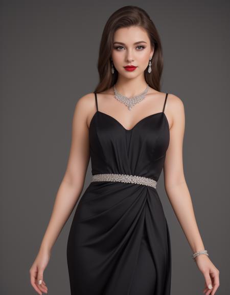 professional photo of alluring beautiful 19 year old midwestern American woman standing straight, formal gown, deep red lipstick, formal makeup, diamond earrings, simple necklace with fancy diamond, brown hair, ((formal hairstyle)), ((solid dark gray background)), perfect waist, perfect body, blue eyes