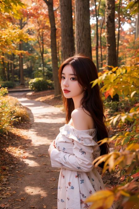 1girl,very long hair,print_cheongsam,rim light,absurdres,(autumn maple forest:1.3),very few fallen leaves,(path),botanical garden,portrait,off shoulder,