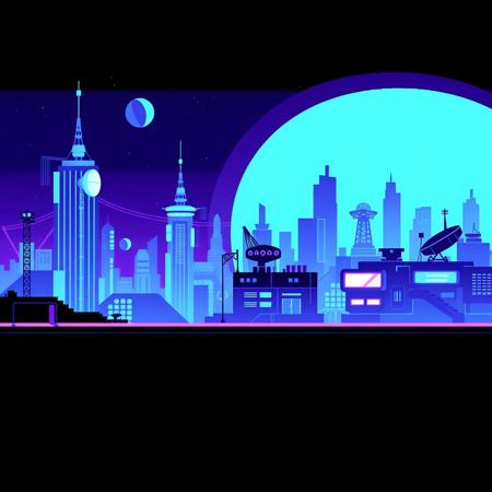 Monochrome pixel art high-tech background, inspired by the Chrome Dino game. Minimalist 8-bit style with clean, glowing blue and purple neon aesthetic, creating a futuristic, cyberpunk vibe design. Elevated flat ground with a futuristic, sci-fi cityscape in the background. Blocky skyscrapers, antennas, glowing panels, and cables stretching between buildings. Distant satellite dishes and robotic structures. Ground remains simple with a smooth, slightly elevated surface, maintaining the original Dino game's aesthetic. Low resolution, simple shading, clean outlines, retro side-scrolling platformer style. Also have a night sky with stars.