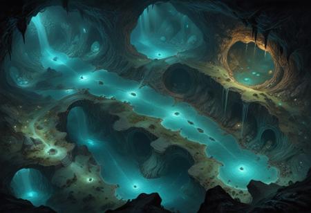 (cavern, RPG combat map, battle map, RPG map from above, highly detailed, highly detailed, dark, oil painting, combat map, high quality, tunnels, phosphorescent mushrooms, caverns, crevices, view from above, aerial view, detailed, from above, (top view: 1.3), long shot, aligned to the edge of the image,