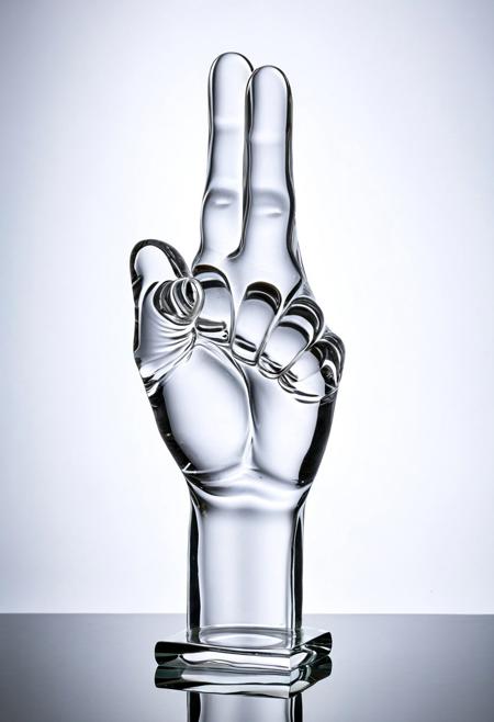 A clear glass sculpture of a raised fist showing the middle finger