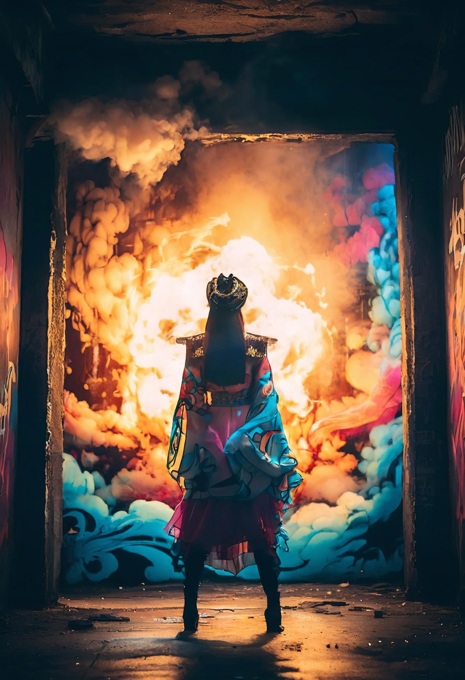 A woman in a kimono standing in front of a fire, smoke and clouds surrounding her.