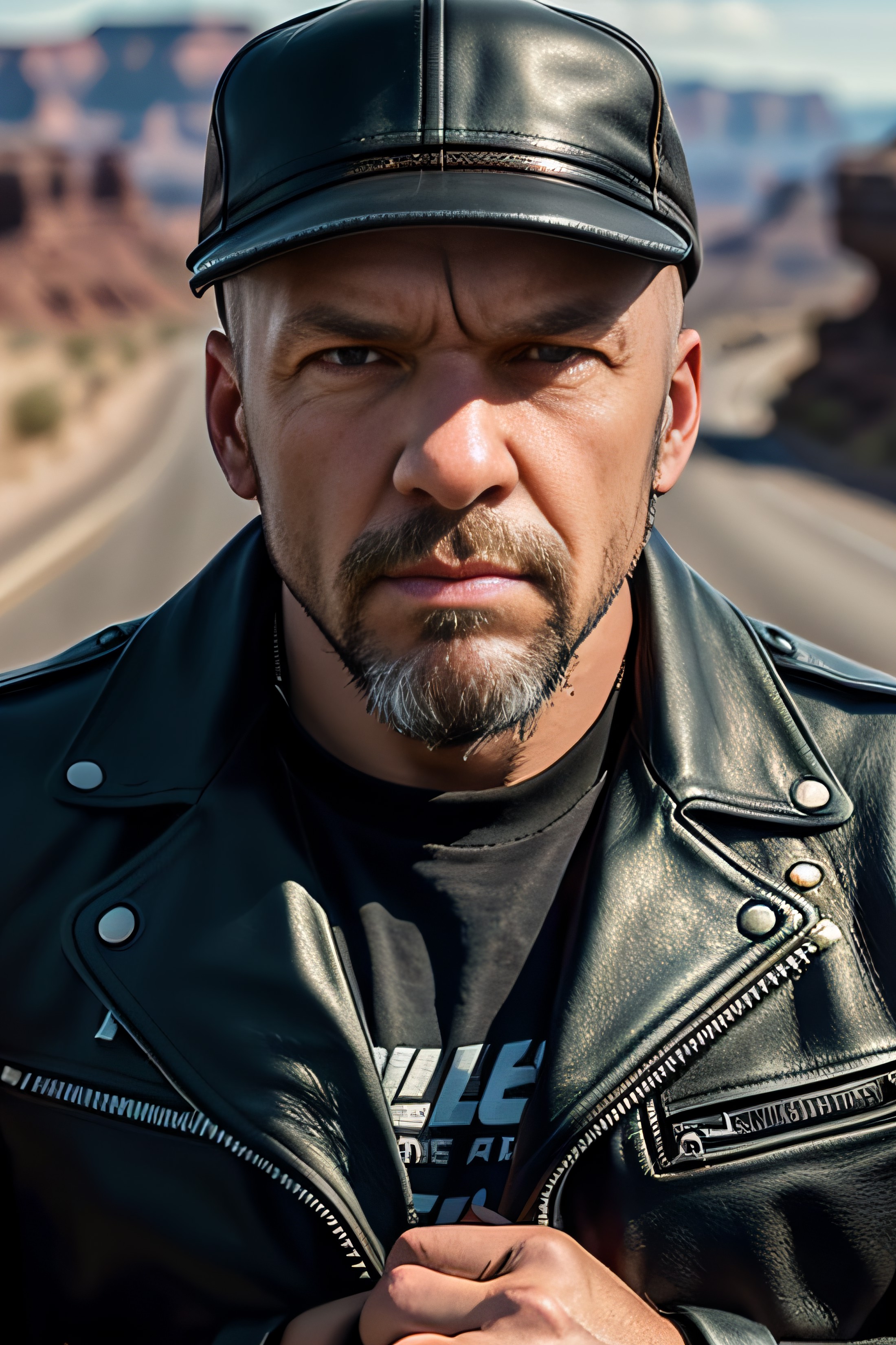 photo of (HHHBAL01:0.99), a man in his (fifties:1.2) as a biker, modelshoot style,  ((shaved head:1.2)), (full beard:1.2),...
