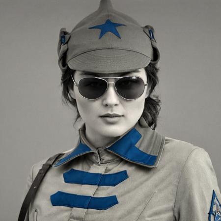 <lora:sketch_lastSDXL:1>lineart Cinematic drawing. minimalist, graphic, vector graphics, pencil arts of rkka:0.8  __celeb-female__  officer in  (budenovka, with small star:1.2) with Aviator sunglasses wearing soviet uniform with three black stripes on the chest and ribbon, collar pathes blue
 <lora:RKKA-000006:1>