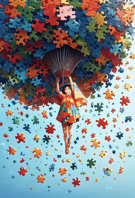 score_9, score_8_up, score_7_up, score_6_up, ((puzzle_morph_rks)), 1girl, source_anime, holding umbrella, looking up, puzzple pieces falling from the sky