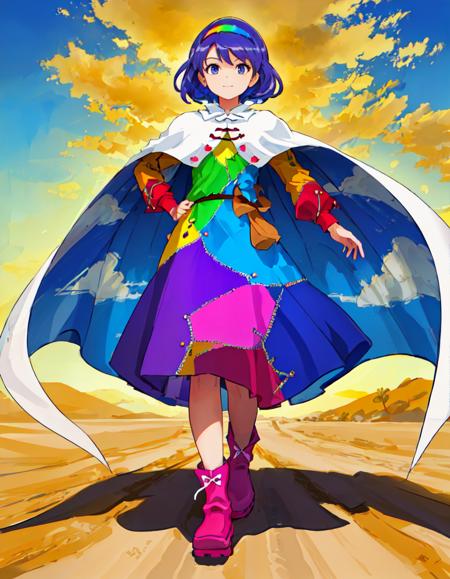 (best quality:1.5), (1girl), walking in the desert, desert, sands, full body, Perfect_hands, detailed_face, (arm + hand + 1_thumb), highres, high_resolution, eyeliner, (Five_fingers_each), Perfect_hands, extremely_detailed_hands, rainbow-colored hair band, rainbow-colored shattered-pattern clothes, zipper lines on clothes, white cloak with sky painting, sky painting on cloak, tenkyuu chimata, pink boots with a ribbon, both hands on floor
<lora:Tenkyuu_Chimata_Test_Nai-000010:0.8>