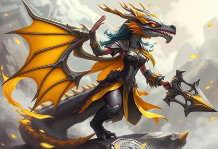 "Create a high-definition, lifelike image of a Dragoness, the Wicked Knight, set against a Machine Duplication background. Incorporate a saluting cyclops and yellow magic theme. Depict the character in a serpentine pose, with a booster and mono-yellow accents. The image should be polished, suitable for an app icon or official store photo. Lighting and details should follow the golden ratio, aiming for a marvelous, intricate result, featured on ArtStation."