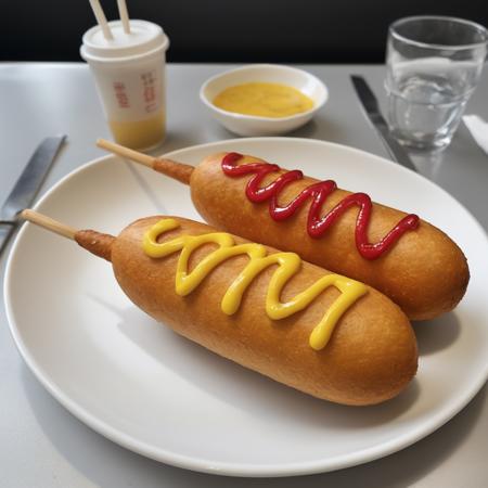 A photorealistic image of a delicious 9hotdog placed on a plate in a restaurant setting. The 9hotdog should be golden brown, with a crispy exterior and a juicy interior visible at one end where it's bitten off. The plate can be white or a light color to contrast with the golden hue of the 9hotdog. There might be a small dish of mustard or ketchup on the side for dipping. The table should have a clean tablecloth, and the lighting should be warm, highlighting the appetizing look of the 9hotdog. The background can have subtle hints of a restaurant ambiance, like a glass of water or some cutlery, <lora:cornhotdog:0.65>