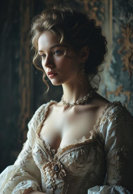 (Soft Lighting Photography by Mimoza Veliu and Mario Giacomelli:1.2), NSFW, Ancient France royal costume, Rococo style, beautiful girl, side soft light, Dark environment, elegant, gorgeous, highly detailed, , nipples