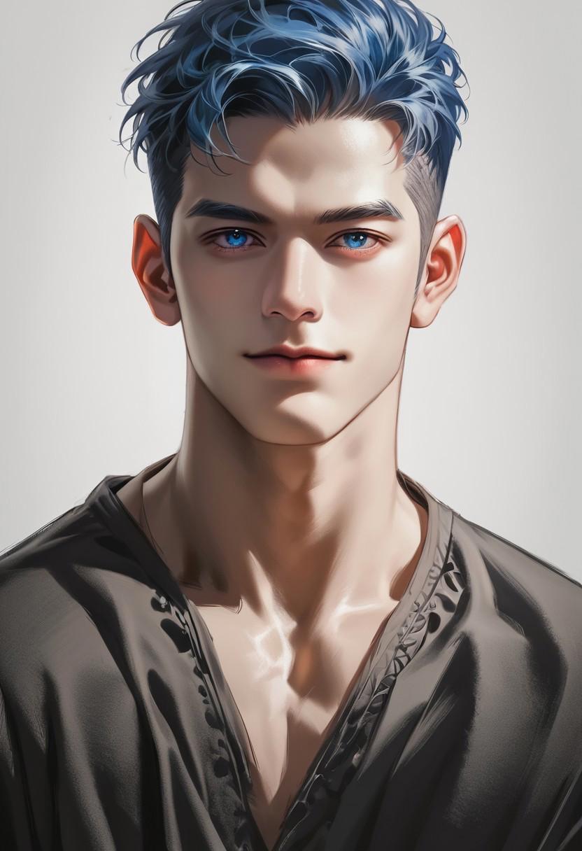 1boy, male, male focus, mature male, handsome, masculine, smile, dark blue hair, short hair, dark blue eyes, muscular body, front view, looking_at_viewer, standing, clothes, 2 colors ((white, blue)), white background, Beautiful eyes, perfect eyes, ultra-detailed eyes, detailed face, perfect face, ultra-detailed face, detailed, ultra-detailed, basic_background, dark background, blue ink, sketch, monochrome, score_9, score_8_up, score_7_up, score_6_up, score_5_up, score_4_up, BREAK, rating_explicit, Intricate Details, Best Quality, high quality, masterpiece, detailed_eye_model, Eyes, expression,