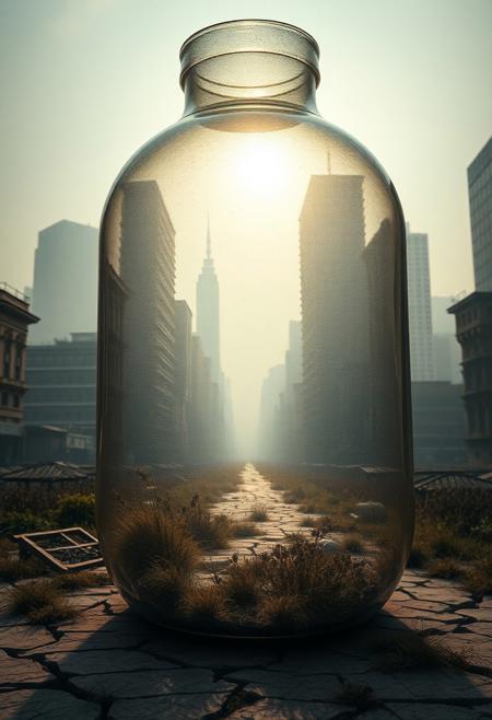 In a huge glass bottle, there is a desolate city, the skyscrapers that once towered into the sky, but now lie in ruins - the forgotten city. Its streets, once bustling with life, now lie quiet, suffocated by weeds and memories. The sun barely dared to penetrate the thick haze, casting long shadows on the cracked pavement. Cinematography, cinematic mood, cinematic light, striking composition, storytelling elements, conveying emotion, mood and narrative depth, creating visually compelling images that feel like still frames in a film, wide angles, chaotic huts in a blurred background. Vibrant, realistic, realistic, dramatic, dark, sharp focus, 8k.