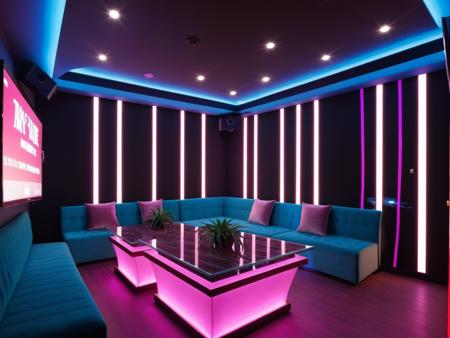<lora:JJsKaraokeRoom_XL:1>,((Karaoke Room)), dramatic lighting, Masterpiece, high quality, best quality, authentic, super detail ,  high quality, ceiling light , plant,no humans, . night,  highly detailed, neon lighting, screen, sofa, table,
