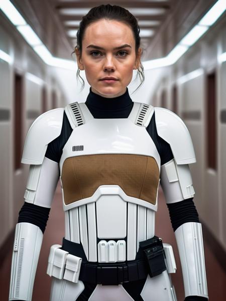 professional portrait photograph of, Daisy Ridley with (long sandy blonde hair), (wearing a stormtrooper uniform:1.2), (standing in a hallway on a spaceship:1.2) <lora:DetailedEyes_V3:0.8>  (pores:0.5) (freckles:0.2)