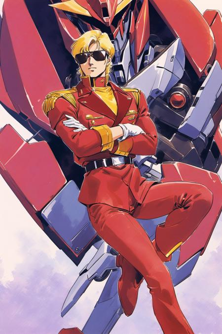 Char Aznable, 1boy, mecha, blonde hair, robot, male focus, uniform, gloves, sunglasses, military, crossed arms, military uniform, belt, white background, red pants, solo, retro artstyle, 1980s (style), watercolor \(medium\),<lora:Hiroyuki Kitazume _XL:0.8>