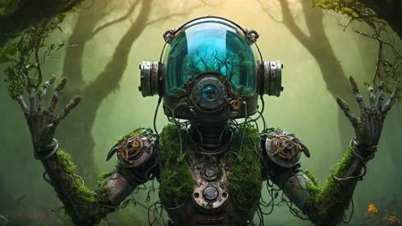 illustration-style picture of a biomechanical entity. The entity is a fusion of technology and nature, with a helmet that resembles a diving suit, its surface covered in verdant moss, handing a flower to viewer, twisting vines, and bright, exotic flowers. Its arms are heavy and robotic, adorned with peaceful symbols and patterns. The backdrop is an enchanted swamp, filled with a mystical fog, gnarly trees, and a spectrum of swamp flora. Fireflies dot the air with their luminescent glow. The illustration should have a whimsical and fantastical feel, with vibrant colors and a hand-drawn quality that emphasizes the enchanting aspects of the scene and the organic-meets-mechanical theme., 8KHD, insane details on entire photograph, super HD, ultra detail, RAW illustration-style picture of an entity composed of gears and gnarled wood. The entity's body is a fusion of advanced robotic technology and nature, with a helmet that resembles a glass diving helmet.  The entity's body's surface is partially covered in Autmn colored moss, twisting vines, and bright, exotic flowers. Its arms and legs are robotic, adorned with alien patterns. The backdrop is an enchanted forest, filled with a mystic fog, gnarled ancient trees, and a spectrum of forest life. Orange Fireflies dot the air with their blue luminescent glow. The illustration should have a whimsical and fantastical feel, with vibrant colors and quality that emphasizes the enchanting aspects of the scene and the organic-meets-mechanical theme., 8KHD, insane details on entire photograph, super HD, ultra detail, RAW illustration-style of an kind computer demigod( whose body is visible and composed of) ideas and dreams. Its body is a battle of ideas and nature, with a helmet that resembles a glass diving helmet  The entity's body's surface is partially covered in twisting wire-like vines Its arms and legs are clouds of electrical charges The backdrop is a majestic grey castle among clouds.  The illustration should have a fantasy style, with gorgeous vibrant colors and detail quality that emphasizes the enchanting aspects of the scene and the organic-meets-mechanical theme., RAW, Ultra high definition, 8kHD, masterpiece photograph, Canon 1D, Nikon, sharp focus, 8KHD, insane details on entire photograph, super HD, ultra detail, RAW photograph of a vast ice metropolis from afar with thousands of buildings.  The air above the location is spiraling with a multitude of birds, On each building are details of the advanced nanotechnology and electrical fusion of nature and machine.