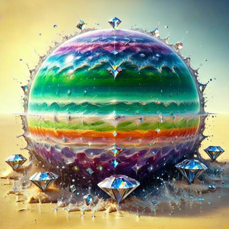 a scenic alien planet diamon oasis, multicolored diamon sand idyllic, made completely from diamonds, countless diamonds, diamondMW (splshCE_style, fluid, dissolving, fading, splash)