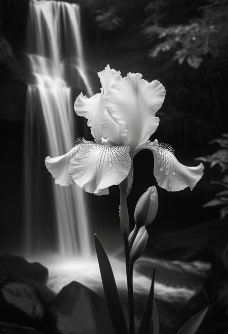 color versicolor iris amidst morning raindrops surrounding cascading waterfalls, captured in monochrome black and white, digital art, composition aligned with nature's golden ratio, intricate detail worthy of trending on ArtStation, 8K resolution, photorealistic concept, soft natural volumetric light achieving a cinematic ambience akin to chiaroscuro, an award-winning oil on canvas style digital painting reminiscent of masters