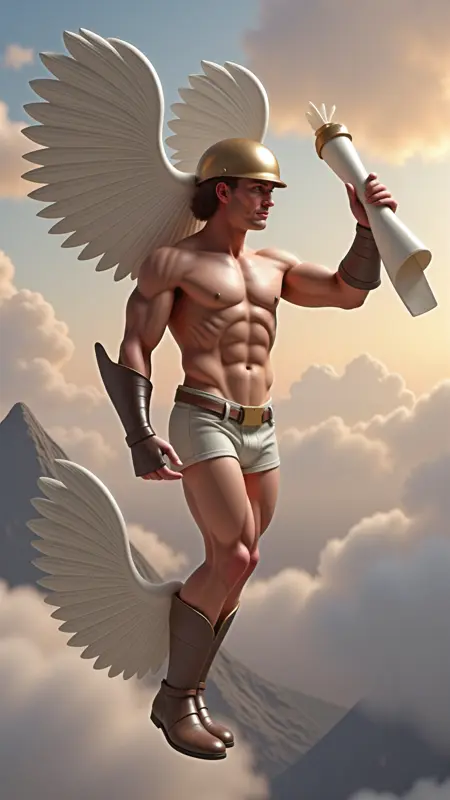 A living Greek god Hermes, with curly hair, wearing winged sandals and a Greek-style winged helmet