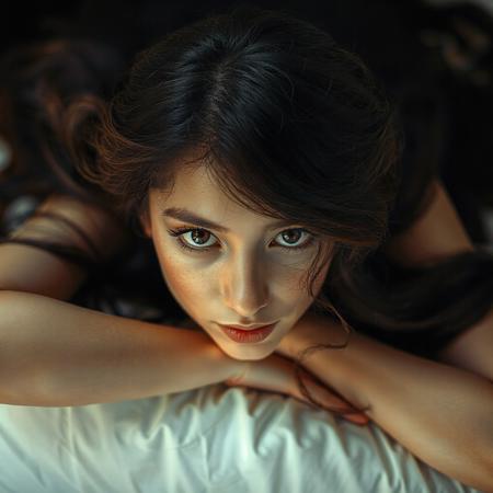 1female, 20yo,  solo,  beautiful, wavy hair, ((laying on front, prone, head on pillow, arms behind back)),  confident, seductive, sexy, petite, ,small breasts, long hair, , flush ,black eyes, large eyes,  serene, view from front and above,  score_9, score_8_up, very detailed , detailed eyes, high detailed texture, realistic, photorealistic, perfect eyes, real life realistic, Expressiveh, Cinematic Film Style , Stable_Yogis_PDXL_Positives, ArtfulNSFWdetailed background, dynamic angle, close up on head