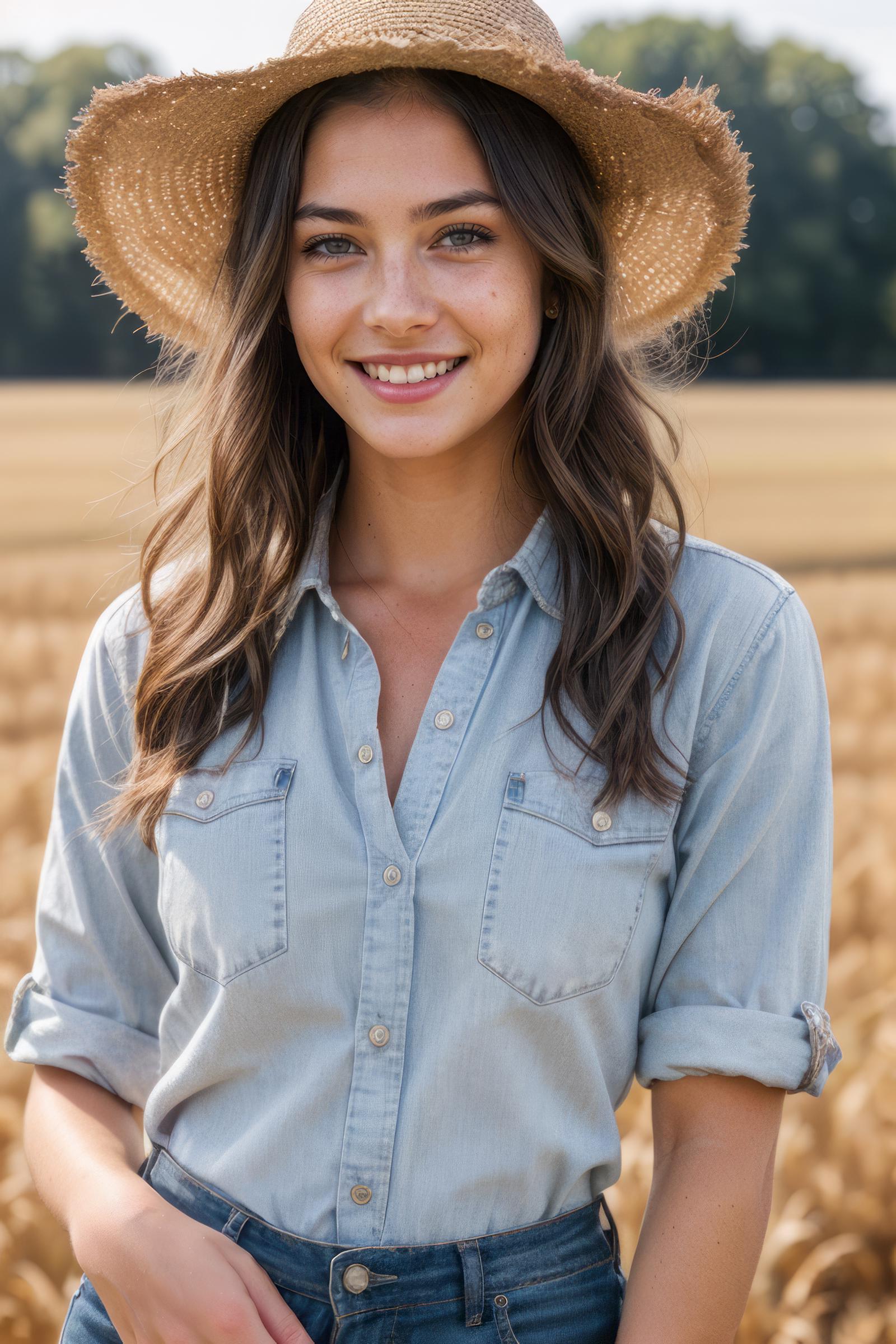 A woman with brown hair wearing a straw hat and a blue shirt smiles for a picture.