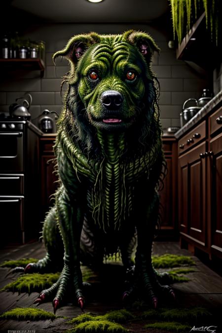 ( swampstyle monster:1.1) dog in a kitchen , (horror:1.2), nightimare fuel  ,( full body shot:1.0) , (8k uhd) RAW proffesional photograph,  (photorealistic:1.4), high resolution, detailed, raw photo,  sharp details,  rich colors, hyper realistic, lifelike texture, dramatic lighting, trending on artstation <lora:swampstyle:0.7>