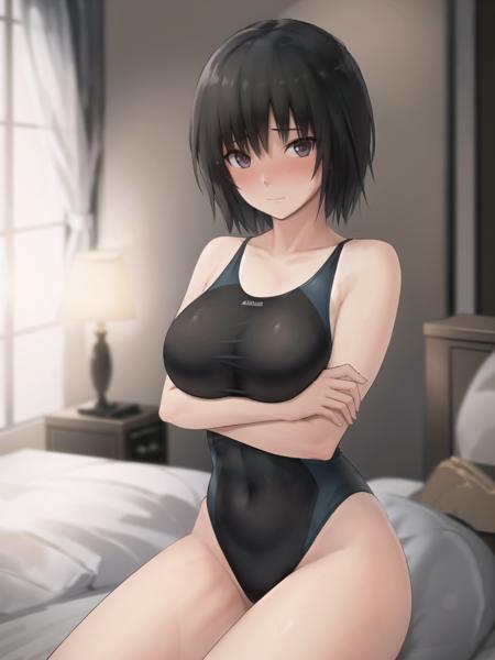 (masterpiece, best quality,extreme detailed beautiful eyes), best illumination, perfect lighting, (1 girl, solo,night, hotel_room:1.3) , <lora:nanasaki_lycoris:0.7>,nanasakiai,nanasaki_ai,
(full body,dynamic angle,dynamic pose,blush,shy:1.2),
(short_hair,  large_breasts,collarbone:1.2),competition_swimsuit,one-piece_swimsuit,swimsuit,black_swimsuit