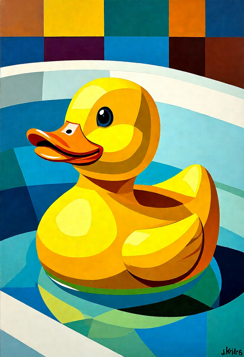 juangris, still life, cubism, close up on a yellow rubber duck sitting in a bathtub 