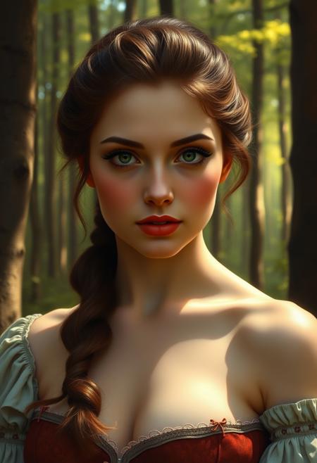 realistic lighting, photo, photorealistic very aesthetic, detailed face and eyes, forest, petite saggy breasts, blush, (sexy and curvy, old oil painting by William Bouguereau,