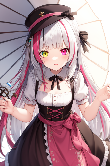 dirndl, (split-color hair, pink hair, brown hair), (streaked hair, white hair), long hair, (heterochromia, pink eyes, brown eyes), parasol, bowler hat