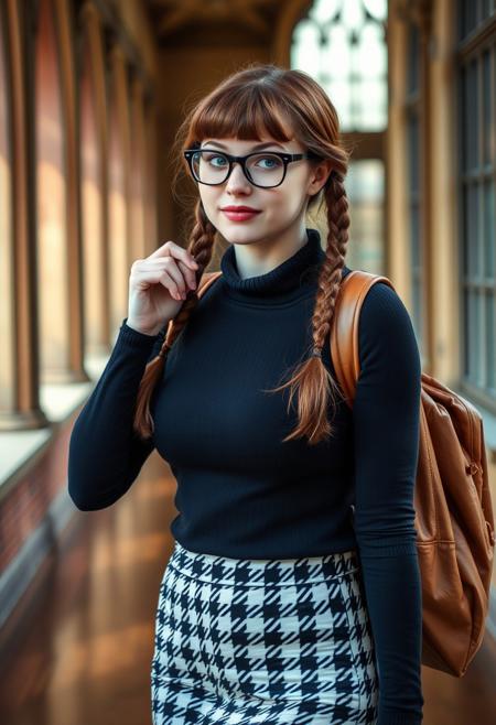 score_9, score_8_up, score_7_up, (realistic:2) , beautiful , masterpiece, thighs up photo,  
Nerdy 21 year old woman, college girl, nervous, timid, looking slightly to the side, cute round face:0.8, pale white skin, light freckles:0.7, big blue eyes, black rimmed glasses,  long shiny brown hair in twin braids with bangs, full pouty lips, lips parted:0.8, teeth visible, naturally red lips,  medium firm round breasts:0.8, petite body, wide hips, skinny:0.9, tight black turtleneck sweater stretched tight over her breasts:0.9, knee length black and white 
houndstooth pencil skirt:0.8, worn leather backpack slung over one shoulder, adjusting her glasses with one hand, walking through hallway of old college, beautiful side lighting from large windows,