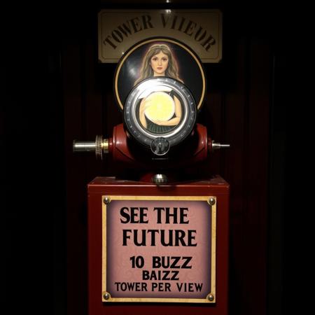 Tower viewer, a coin operated stereo telescope in closed dark room with sign decorated with image of a female oracle holding crystal ball and text "SEE THE FUTURE" and "10 BUZZ PER VIEW"