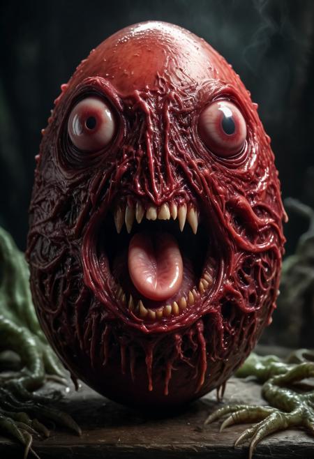 a lovecraftian red egg covered with human facial features, huge screaming mouth, large nose, fearful eyes, photo realistic, morph <lora:FleshmutantXLV4:0.8> eldritch abomination, fleshmutant, crying blood from eyes,  glow effects