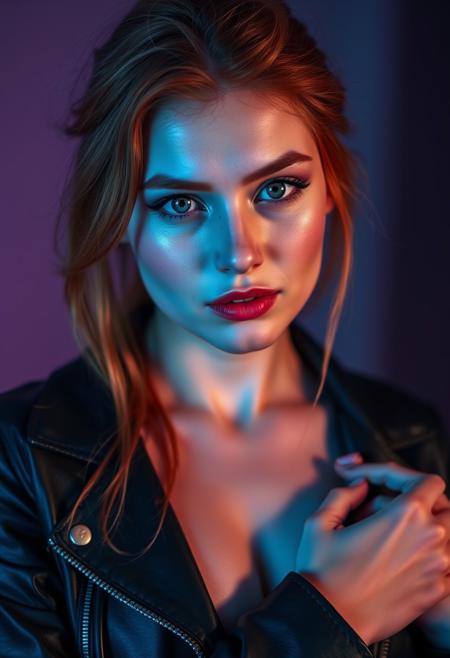 beautiful young, redhead 18 year old woman, light blue eyes, round face, blushing, full body, grabbing her own chick, small breasts, ultra high detail, studio lighting, blue and pink gel lights, soft white infill light, bokeh, detailed skin, sensual lips, glossy lips, slim figure, pubic hair, black leather's jacket