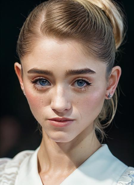 portrait of skswoman, interested , wearing tailored , with blonde Ponytail , background night sky epic (photo, studio lighting, hard light, sony a7, 50 mm, matte skin, pores, colors, hyperdetailed, hyperrealistic), <lyco:Natalia Dyer:1.1>