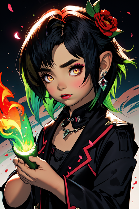 LalaTater,, cel shading, Anime style,  chibi, 1girl, solo, looking at viewer, black hair, green hair, flames, subsurface scatterting, (zentangle:0.2), specular highlights, smoke, embers,  hair ornament, long sleeves, horror, poltergeist vibes, neon colors, muilticolored hair, two-tone hair, dress, large breasts, holding, brown eyes, jewelry, upper body, flower, earrings, hair flower, wide sleeves, necklace, petals, makeup, rose, chinese clothes, lipstick, black background, red flower, gem, holding flower, red lips<lora:LalaTater_LoRa:0.75> <lora:Niji_Slime:0.5>