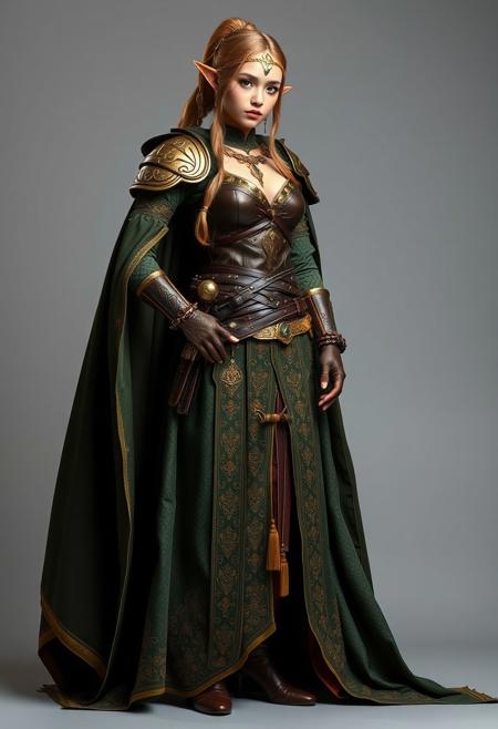 full shot, standing pose, female elf warrior, fashion costume, side opened skirt, extremely long cape, sexy leather armour, oriental fabrics, green  and brown, golden ornaments, golden jewelry, golden embroidery,  neutral grey background