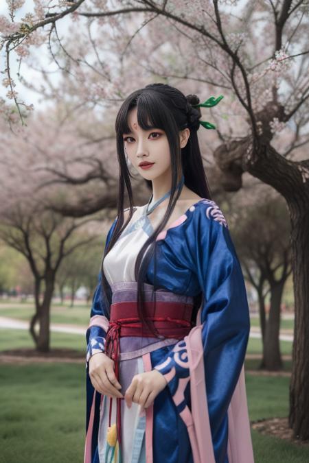 ltra-detailed,highly detailed,best quality,masterpiece,illustration,realistic,photorealistic,
liumengli, 1girl, solo, 
hanfu, chinese clothes, wide sleeves, long sleeves, sash, hair ornament, 
long hair, black hair, bangs, blunt bangs, sidelocks, 
standing, looking at viewer, cowboy shot, 
outdoors, grass, flower, day, cherry blossoms, tree, sunlight, photo background, rock, 
 <lora:liumengli_v1_06:1.0>