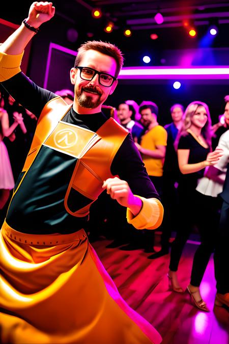 RAW photo, gordon_freeman dancing on the party, best quality, high quality,  <lora:GordonFreeman:1>