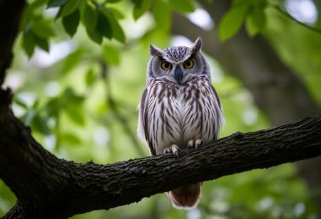 Owl is sittin on a tree and is judging you with its eyes.