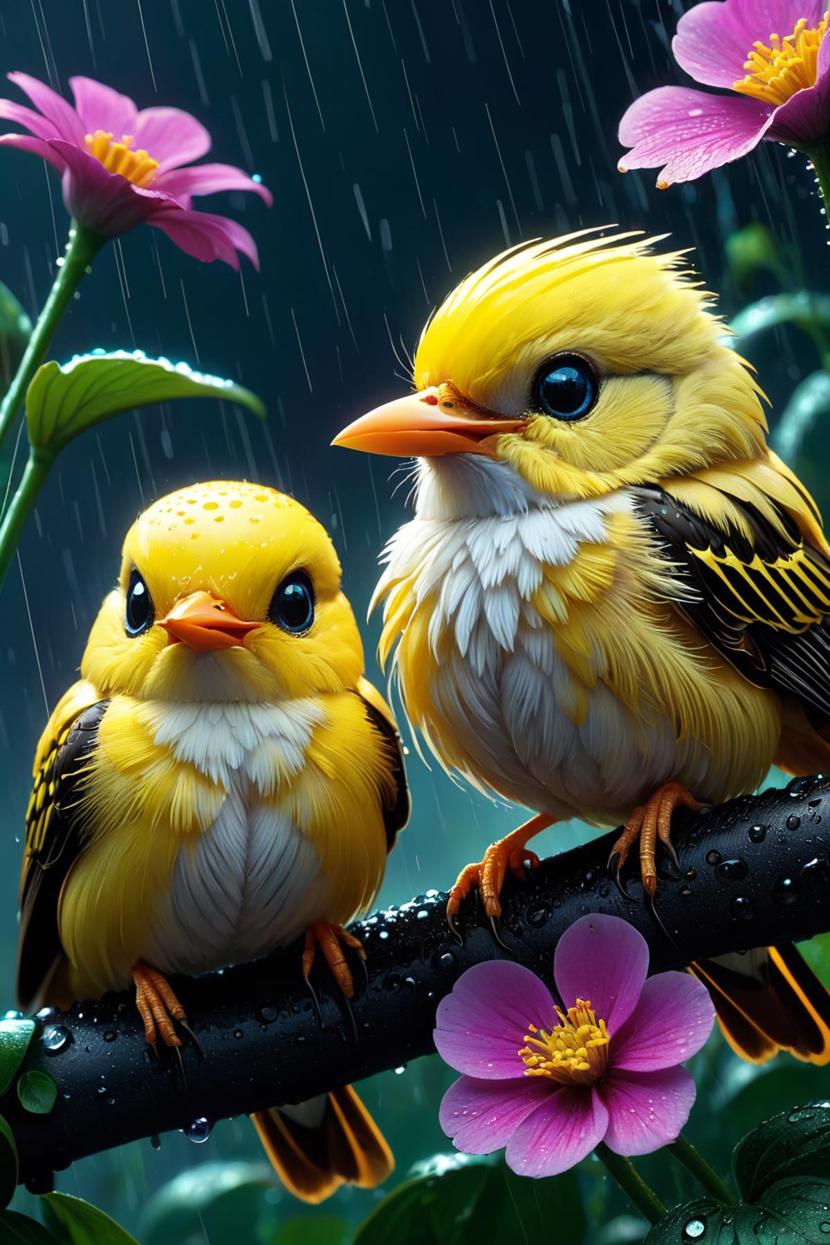 Two Yellow Birds Perched on a Branch in the Rain.
