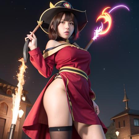 (masterpiece),4k, 1 girl, solo, konosuba, megumin, red eye, patch, staff, fire, short hair with long locks, wizard hat, sexy <lora:megumin:0.7>