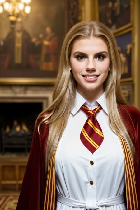 Professional photograph of a wizard woman, (up close portrait) she's 28 years old, she's <lora:charlottemckinney:0.6> charlottemckinney, she is wearing a black wizard's robe, hogwarts style. Shes' got blonde hair combed to the sides. She's nerdy. She's smiling at the viewer, standing in (Hogwarts) - beautiful common room, it's a large living room with wood furniture, a fireplace, paintings on the walls, and red velvet carpet on the ground. (She's wearing a dark robe with a white shirt) she's wearing a (striped red and gold tie). She's tall and pretty, freckled, and has a toothy smile. Looks like a nerd. 8k, masterpiece, highest quality, fantasy genre. (She's from Gryffindor.) harry potter genre. Bokeh, contrasting colours, warm lighting, British school scene, highest quality