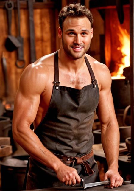 Ryan Guzman a man <lora:Ryan-Guzman:1>, as Blacksmith  male , muscular, smithing apron, shirtless, confident smile, inside forge background, crafting, fiery forge, sturdy build,