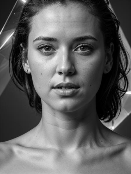 anatomically correct, masterpiece, best high quality, ultra details, realistic, RAW Photo, perfect anatomy, 4k, 8k, ((prism lighting)), clothed woman, black and white photograph, full portrait