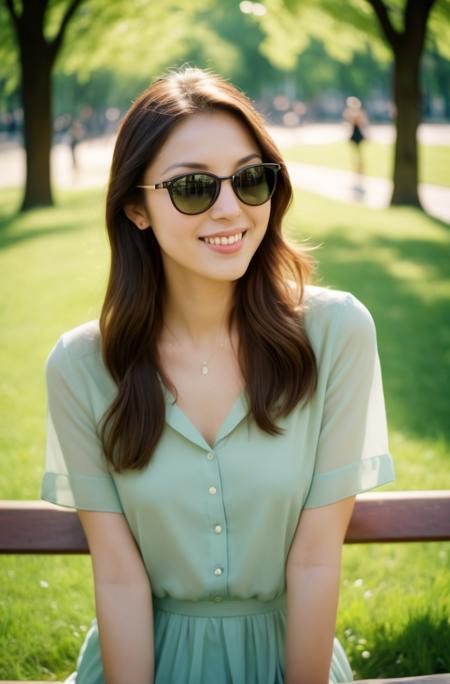 A photorealistic image of lv rdrg woman, enjoying a casual day in the park, wearing a summer dress and sunglasses, sitting on a bench with a soft smile. The environment is a sunny, open park with vibrant green trees, set during the afternoon, with a slight breeze. The style is casual and light, with pastel colors, captured with a third-person perspective, expressing a feeling of relaxation and joy, cinematic, analog film grain, bokeh