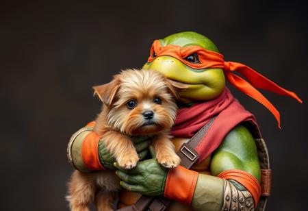 A ninja turtles holding a brown Miniature Pinsher(dog)